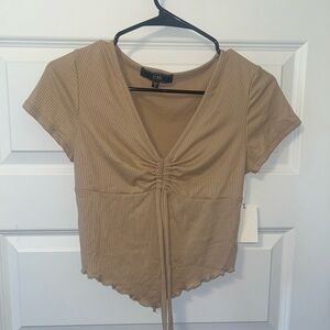 Tan Ribbed V-Neck Top